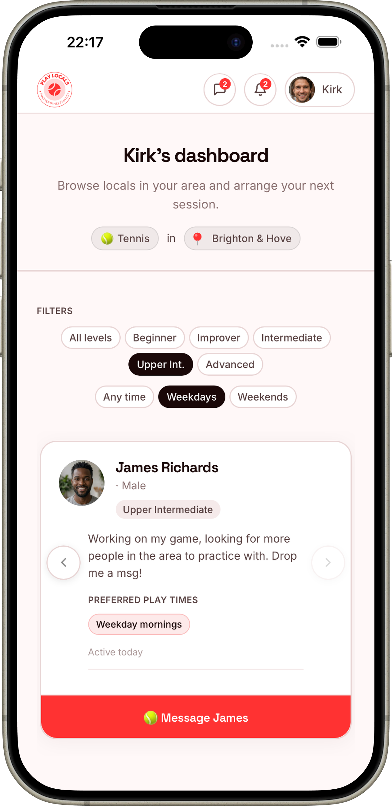Play Locals app showing local tennis players